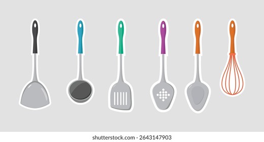 Assorted Kitchen Utensils Collection. Vibrant vector illustration set of various cooking utensils, perfect for culinary blogs, kitchen designs, and restaurant themes