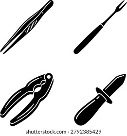 Assorted kitchenware for food preparation and service including specialized metal tweezers and ergonomic nut cracking tools.