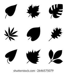 Assorted Leaf Icons in Black Silhouette Style