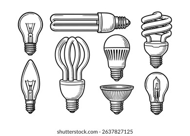 Assorted Light Bulbs Vector Collection Energy Efficient Lighting Line Art Design