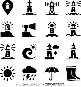 Assorted lighthouse and weather icons featuring beacons foghorns and climate symbols perfect for nautical or meteorological designs