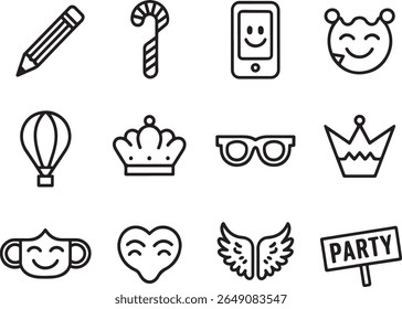 Assorted Line Art Icons Featuring Celebration, Writing, Travel, and Decorative Elements for Invitations, Decoration or Creative Projects