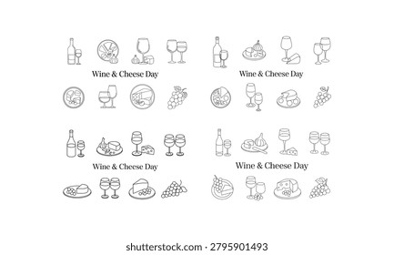 Assorted Line Art Icons for Wine and Cheese Day Celebrations illustration..