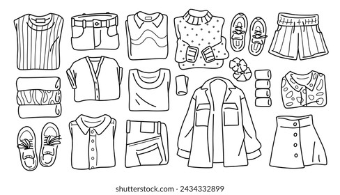 Assorted line drawing clothing collection. Set of women garments. Top view of lying folded apparel. Vector illustration.