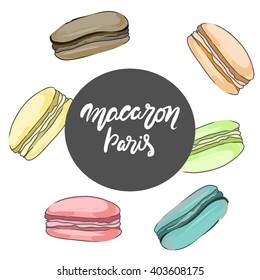 Assorted macarons  pattern. Hand lettering "macaron Paris"