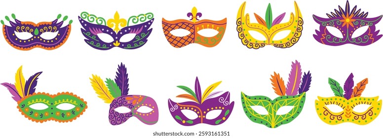 Assorted masquerade masks. Perfect for Mardi Gras, masquerade parties, and festive holidays and celebrations. Hand drawn vector illustrations.