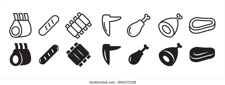 Sortiertes Fleisch in Metzgereien Symbol Set. Symbol für Fleischladen, Vektorset. Enthält eine Ikone wie Tomahawk Fleisch, Rindfleisch, Wurst, Rippen, Hühnertrommeln und Steak.