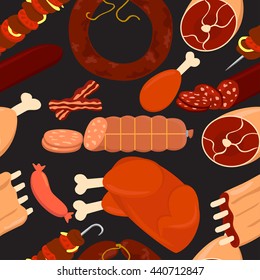 Assorted meat seamless pattern with elements. Vector illustration.