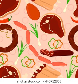 Assorted meat seamless pattern with elements. Vector illustration.