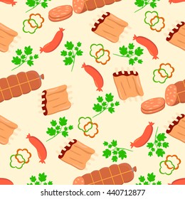 Assorted meat seamless pattern with elements. Vector illustration.