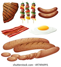 Assorted meats and food on white