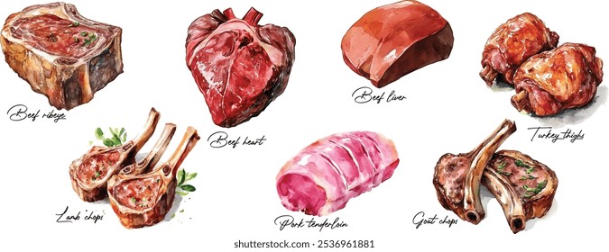 Assorted meats watercolor illustration. Hand-painted beef heart, liver, ribeye, goat chops, lamb chops, pork tenderloin, and turkey thighs isolated on white background