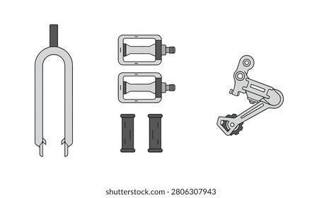 Assorted mechanical bicycle parts including a front suspension fork and pedal sets and a rear derailleur mechanism for professional bike repair.
