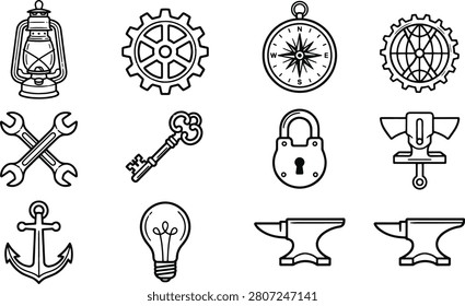 Assorted mechanical and vintage tool featuring gears, compass, wrenches, keys, padlocks, anchors, and anvils in a black and white style
