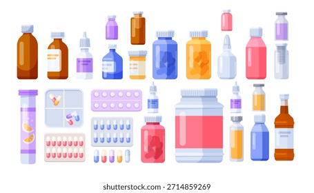 Vários frascos médicos, cápsulas, comprimidos e conta-gotas são mostrados em estilo plano em um fundo branco. Conceito de saúde e farmácia. Ilustração vetorial