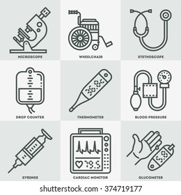 Assorted Medical Devices Icon Set. Line Design Vector Illustrations.