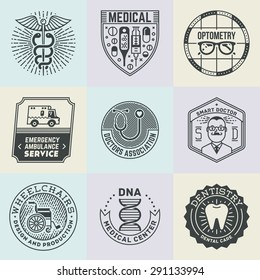Assorted Medical Insignias Logotypes Template Set. Line Art Vector Elements. 