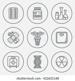 Assorted Medical Treatment Circle Icon Set. Line Design Vector Illustrations.