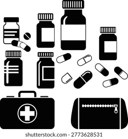 Assorted medicine bottles and first aid kit layout