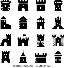 Assorted medieval castle and tower icons in monochrome design perfect for historical projects and fantasy themes