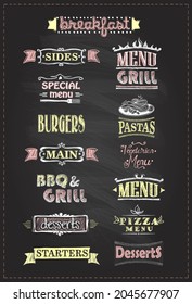 Assorted menu headlines set with signs and graphic chalk style elements, vector hand drawn symbols of grill and BBQ, burgers, pizza and pastas, main and side dishes etc.