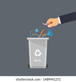 Assorted metal trash in special urn. Hand throws trash into the basket. Vector recycle concept. Bin for recycling with sorted garbage and rubbish.