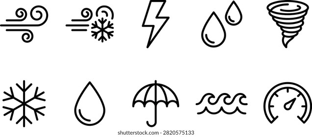 Assorted meteorological phenomena and measurement symbols.
