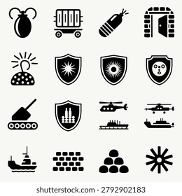 Assorted military and security icons featuring weapons vehicles shields and symbols for graphic design projects