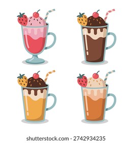 Assorted milkshakes with whipped cream, chocolate drizzle, and cherries, sweet dessert drink icons for diner menu, birthday party design