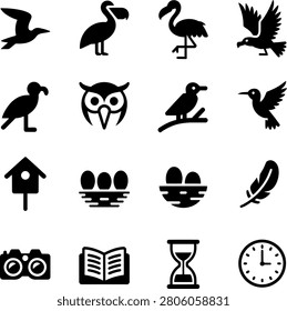Assorted minimalist bird and nature icons featuring various species eggs and accessories