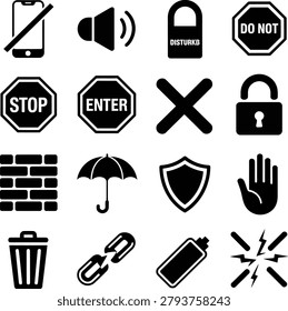 Assorted minimalist black icons featuring symbols for technology security lifestyle and general prohibitions in one set