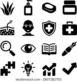 Assorted minimalist black icons featuring science health education and problemsolving themes in one cohesive set