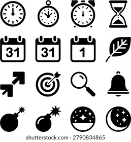 Assorted minimalist icons featuring clocks calendars targets bombs magnifying glass and celestial elements