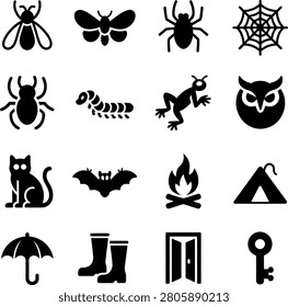 Assorted minimalist icons featuring insects animals and outdoor symbols perfect for graphic design projects
