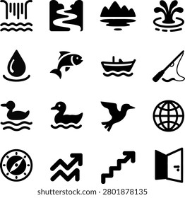 Assorted minimalist icons featuring nature water wildlife and travel elements in clean design style