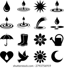 Assorted minimalist icons featuring rain weather symbols watering can flower and naturethemed elements in clean design