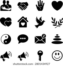 Assorted minimalist icons representing love peace communication and various lifestyle concepts in clean design