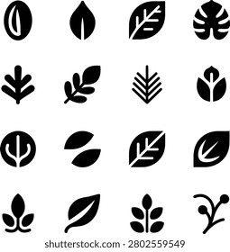 Assorted minimalist leaf and plant icons in monochrome design perfect for ecofriendly projects and naturethemed graphics