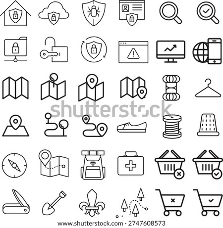 Assorted minimalist line icons representing security travel shopping and navigation isolated on transparent background