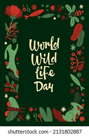 Assorted minimalist style green and red animals and plants surrounding World Wildlife Day inscription on poster with black background