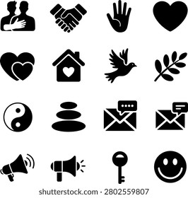Assorted minimalist symbol icons representing love friendship communication and peace in a clean design style