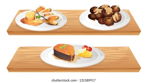 Assorted mixed foods on plates.