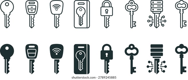 Assorted modern and antique key including car fobs and server keys in black and white style for digital and physical security