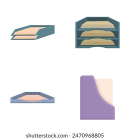 Assorted modern minimalistic flat bookshelf icons set in purple and grey. Vector graphic collection for library. Home. Office. And interior design illustration