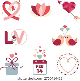 Surtido de Elementos modernos de San Valentín, incluyendo aves, corazones y cintas. Uso de gráficos de Festiva
