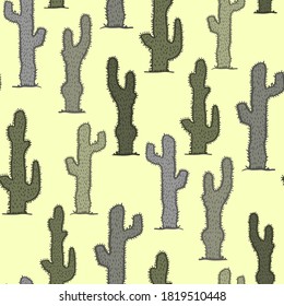 Assorted multicolored cacti isolated on a yellow background. Cute cartoon seamless pattern. Vector flat graphic hand drawn illustration. Texture.