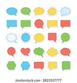 Assorted multicolored dialogue balloons and comic style text boxes arranged in grid. Ideal for messaging apps, social media, and conversation layouts.
