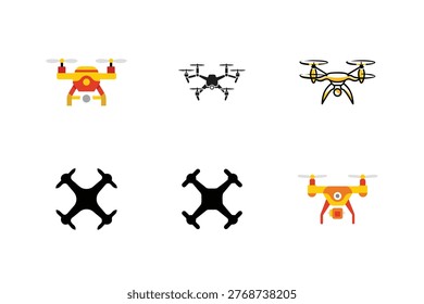 Assorted multicopter drone icons, colored quadcopter designs, professional aerial devices.