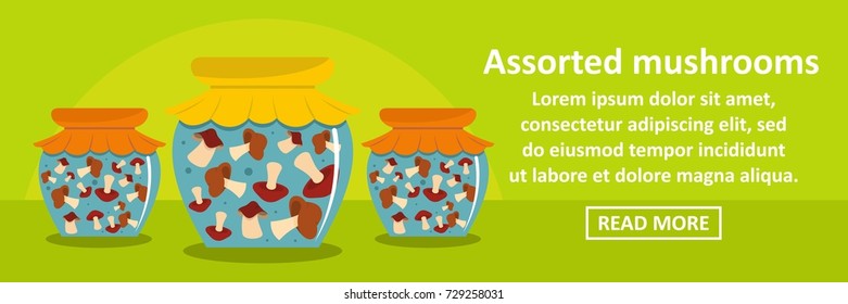 Assorted mushrooms banner horizontal concept. Flat illustration of assorted mushrooms banner horizontal vector concept for web design