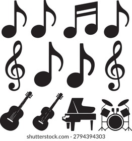 Assorted musical instrument including notes, treble clef, acoustic guitar, piano, and drums
